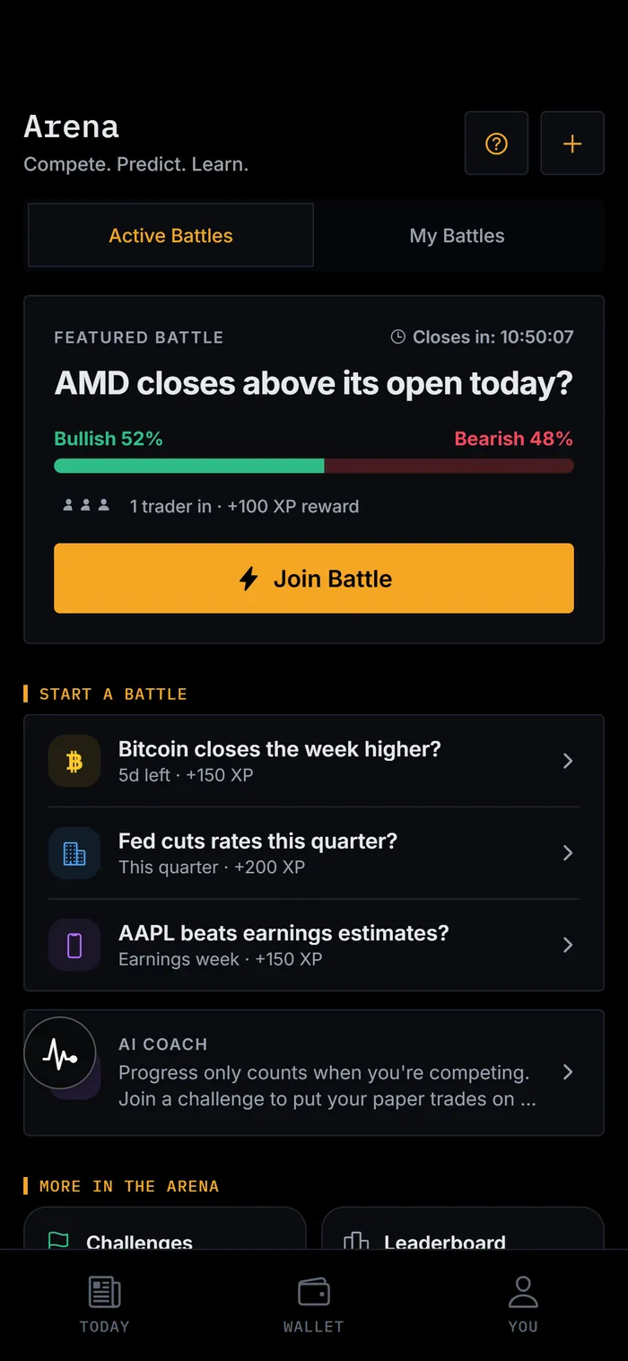 Finio Arena showing a featured battle with a countdown, bullish and bearish split, and an XP reward.