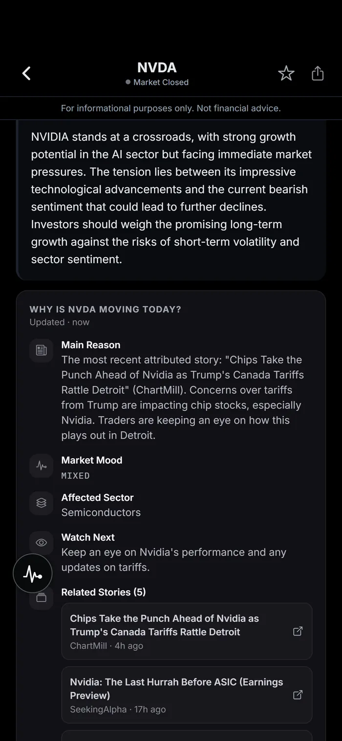 The bull case and bear case for a stock in Finio, written out in full.