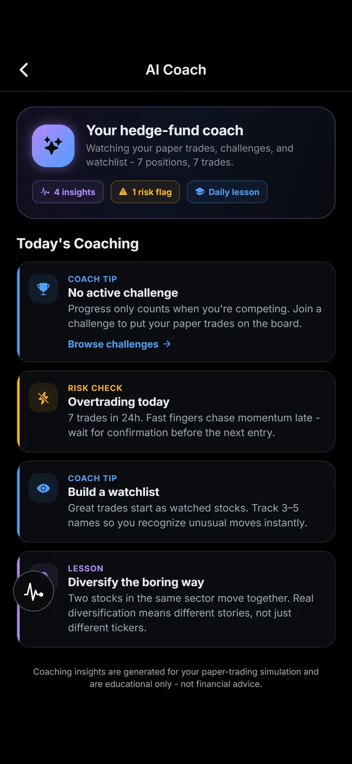 Finio's AI coach reading a simulated portfolio, with insights, a risk flag and a daily lesson.