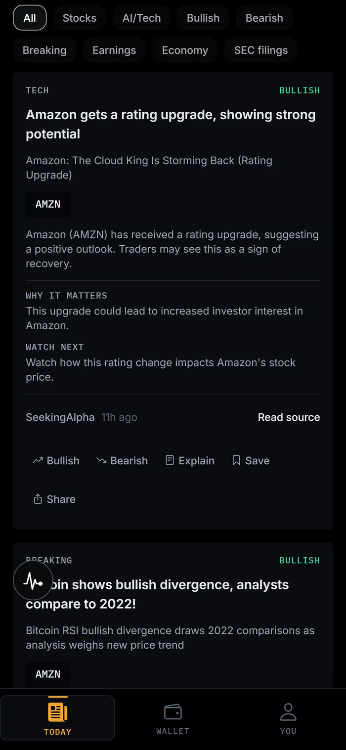 FinPicks in Finio, showing category filters and a market story with its sentiment, tagged tickers, Why It Matters and Watch Next.