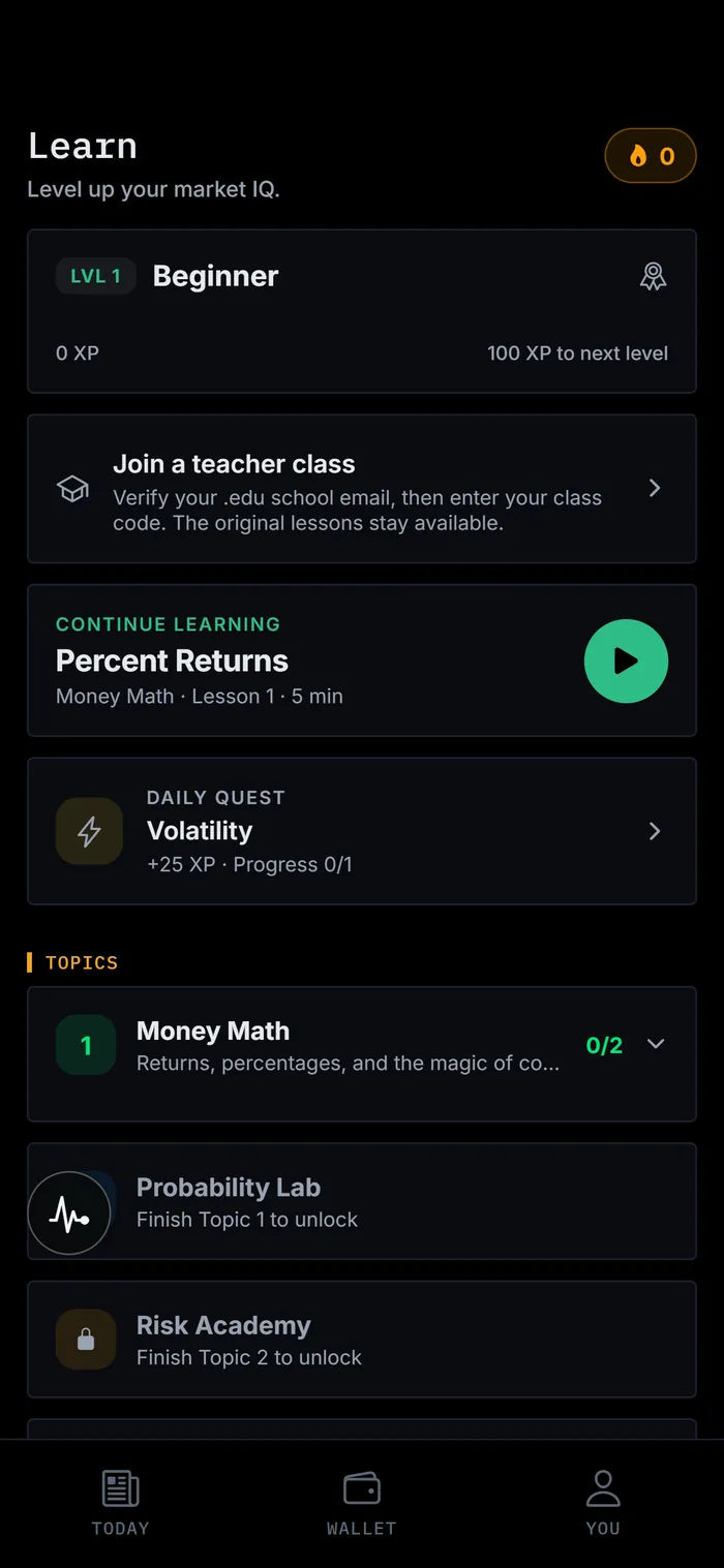 Finio's Learn tab showing level and XP progress, a class-join card, and the current lesson.
