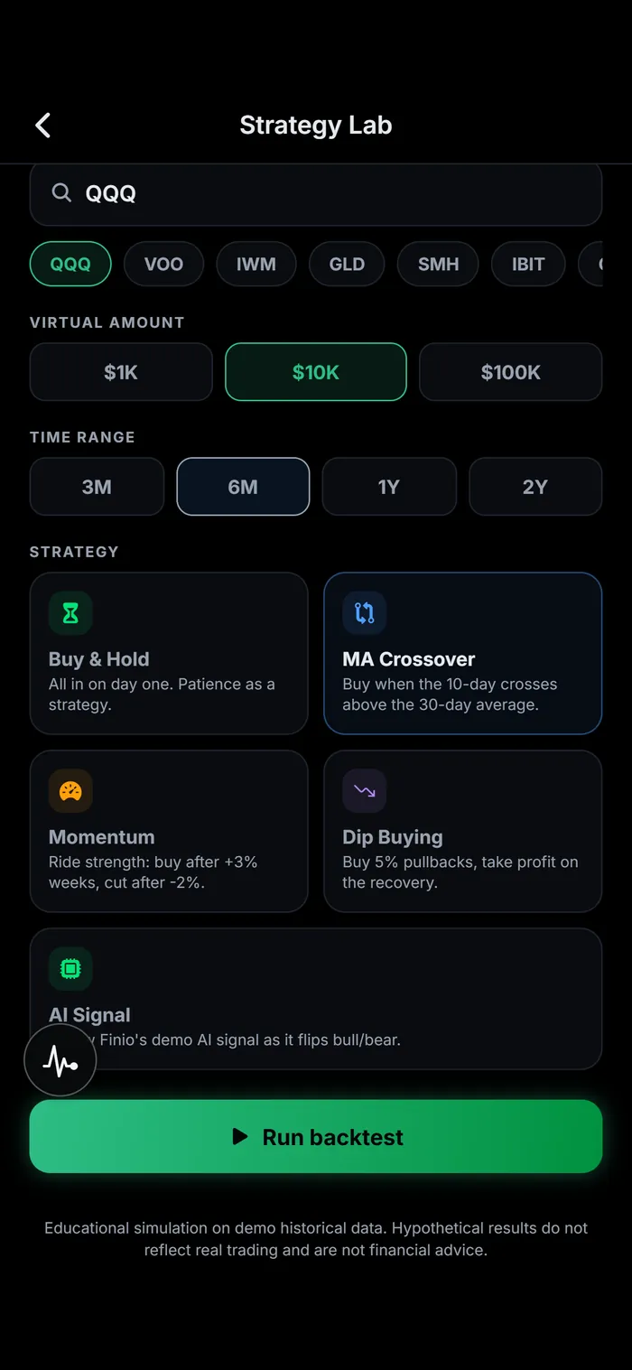 Finio's Strategy Lab configured to backtest a strategy over a chosen stock, amount and time range.