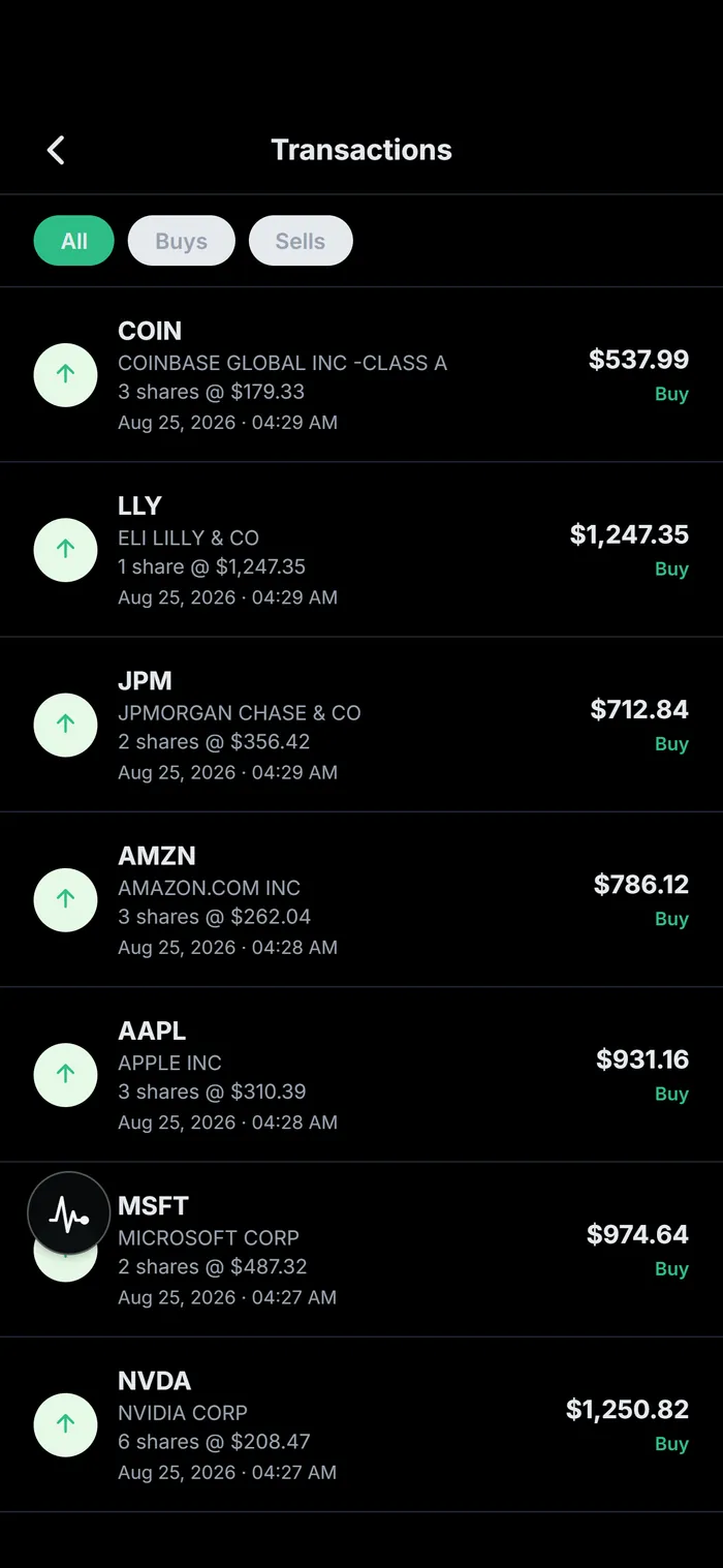 Finio's transaction history listing simulated buys with share counts, prices and timestamps.