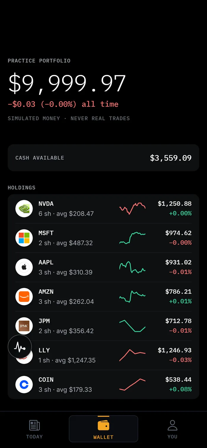 A Finio practice portfolio showing simulated value, all-time change, available cash and open positions with sparklines.